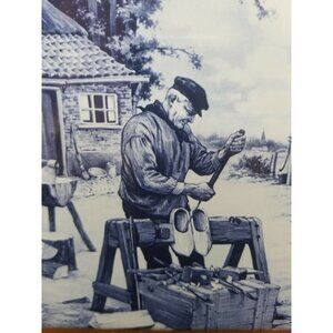 Delft Blue Ceramic Tile Shoe Cobbler Carver on Wood Plaque Pegs Ter Steege BV